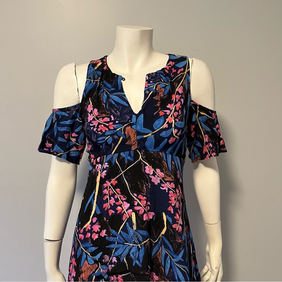 Anthropologie Maeve Elia Blue Floral Cold Shoulder Short Sleeve Midi Dress sz 0 - Picture 13 of 13